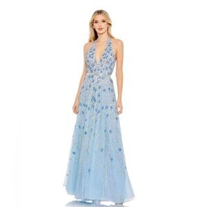 MAC DUGGAL 5654 FLORAL EMBELLISHED HALTER STRAP A-LINE POWDER BLUE GOWN